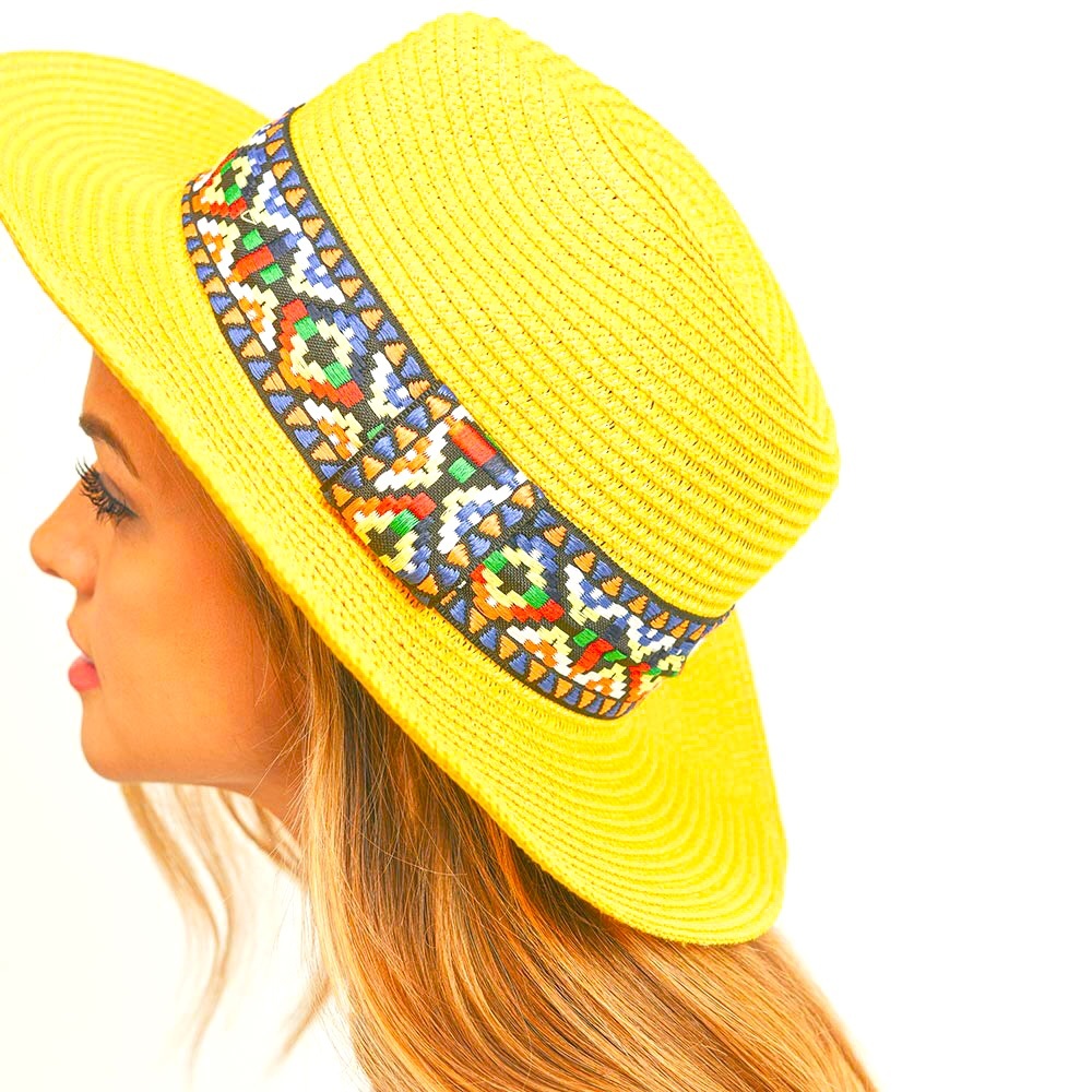 Yellow Aztec Band Straw Panama Sun Hat